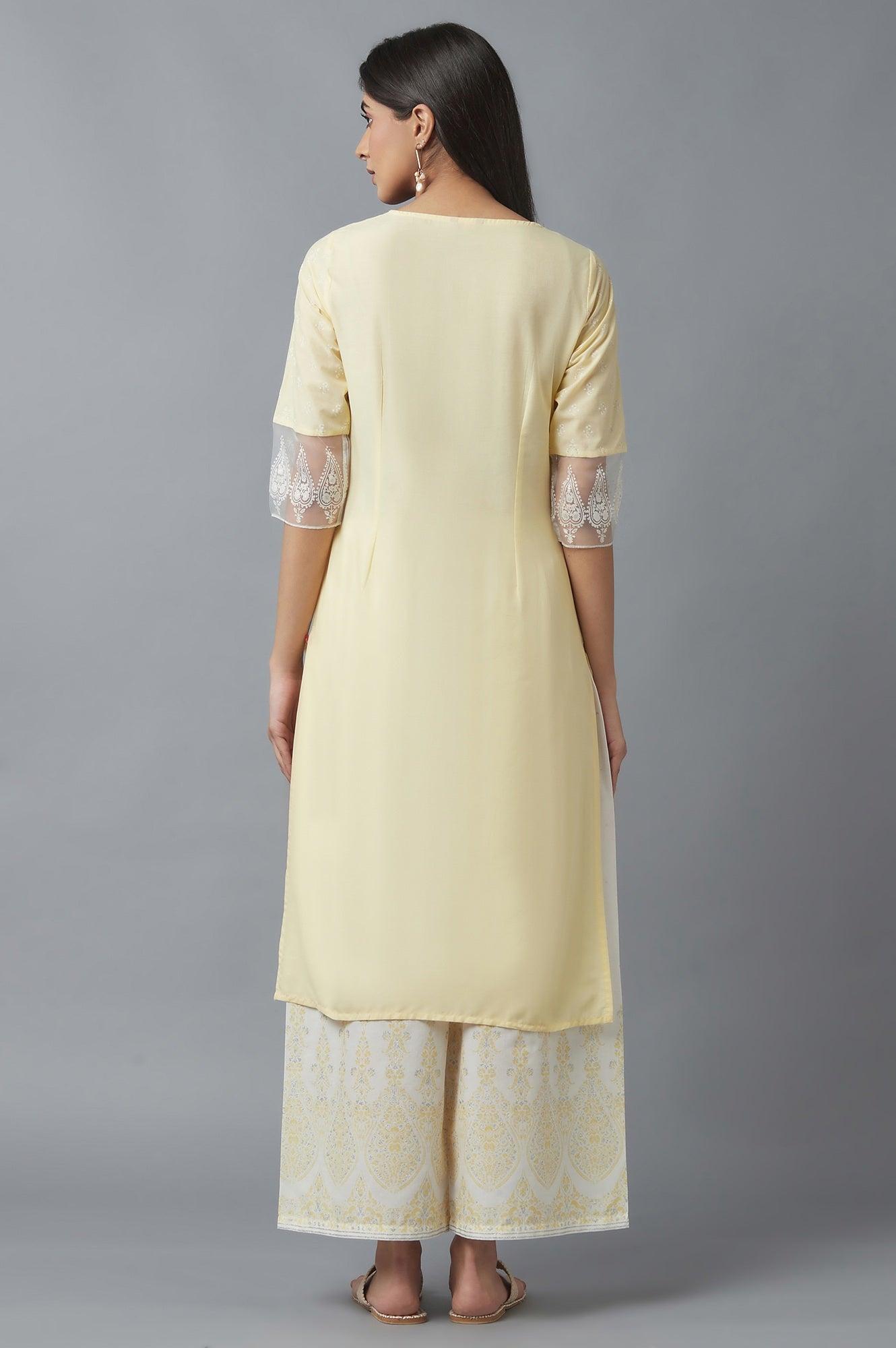 W for Woman Yellow Mock Layer Printed kurta