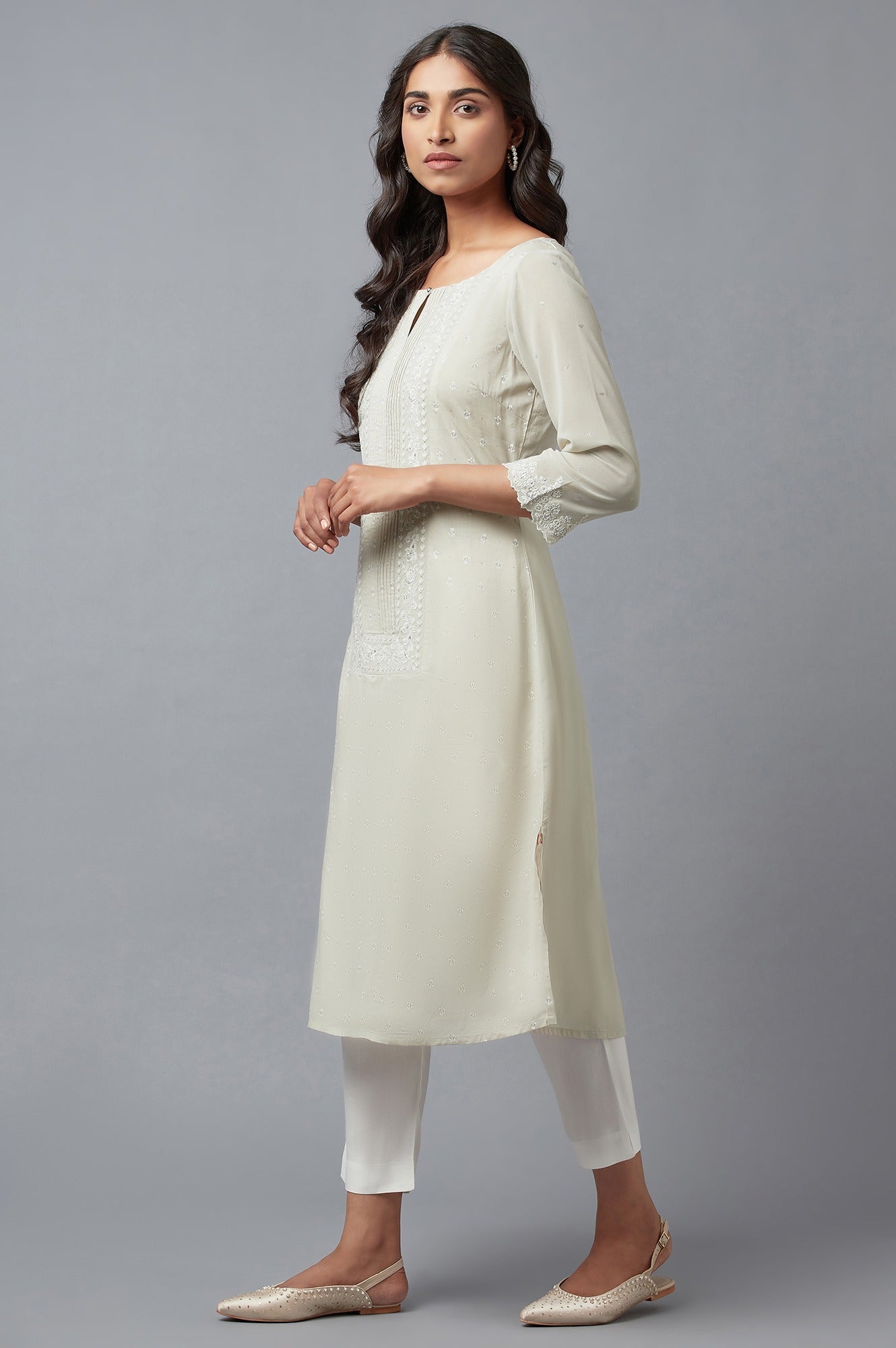 W for Woman Grey Printed A-Line kurta