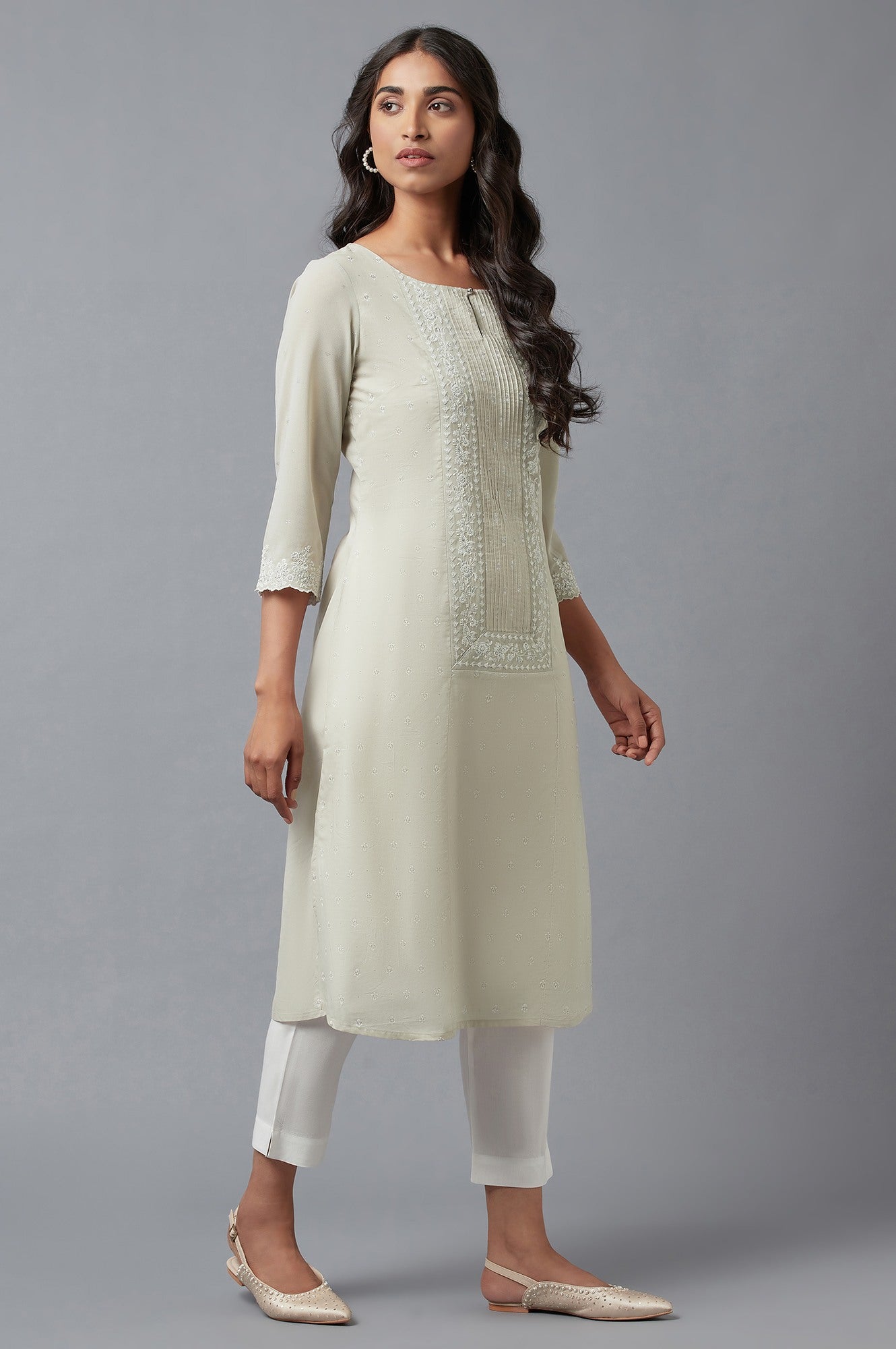 W for Woman Grey Printed A-Line kurta