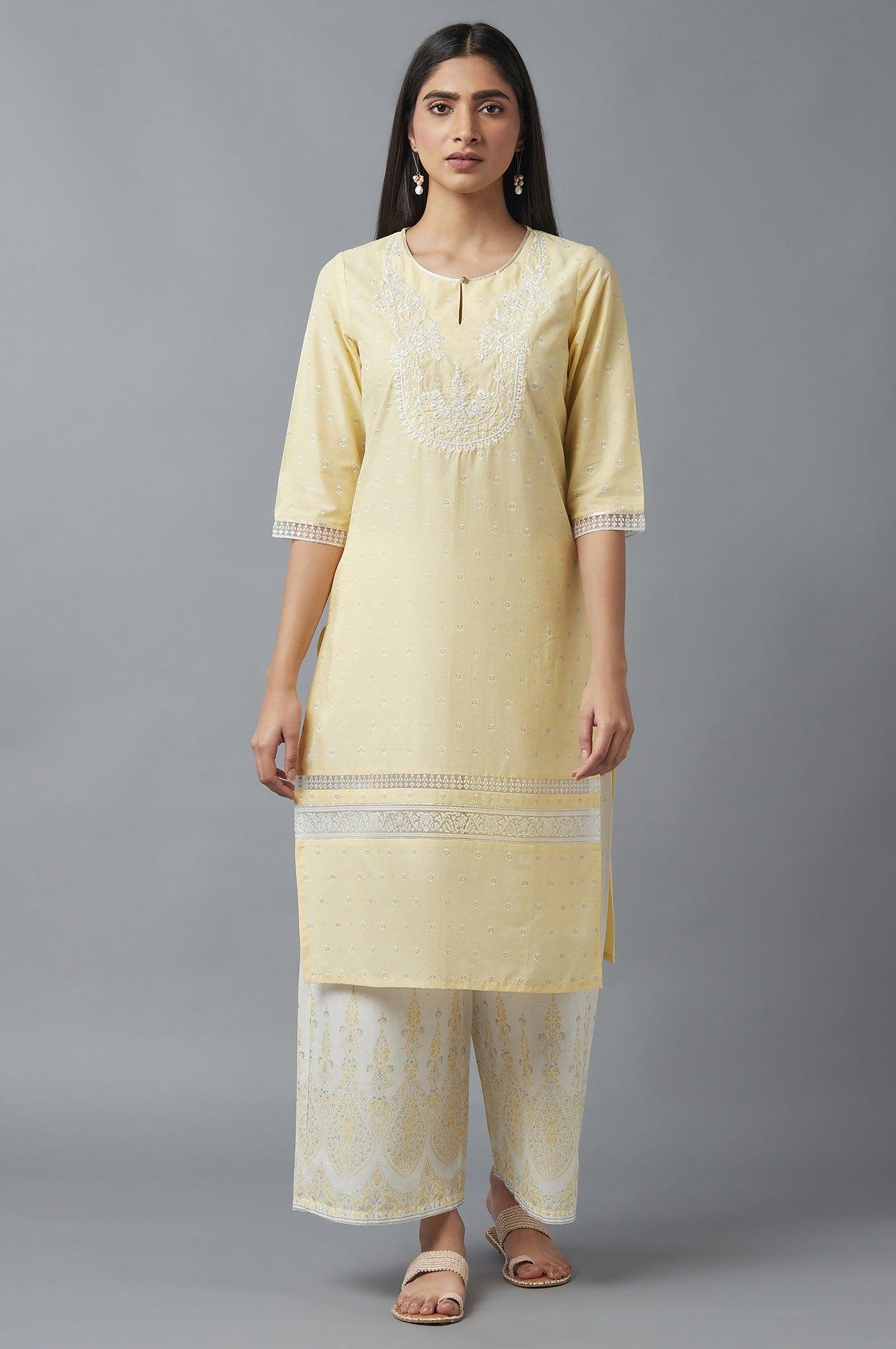 W for Woman Yellow Embroidered kurta with Brasso Panels