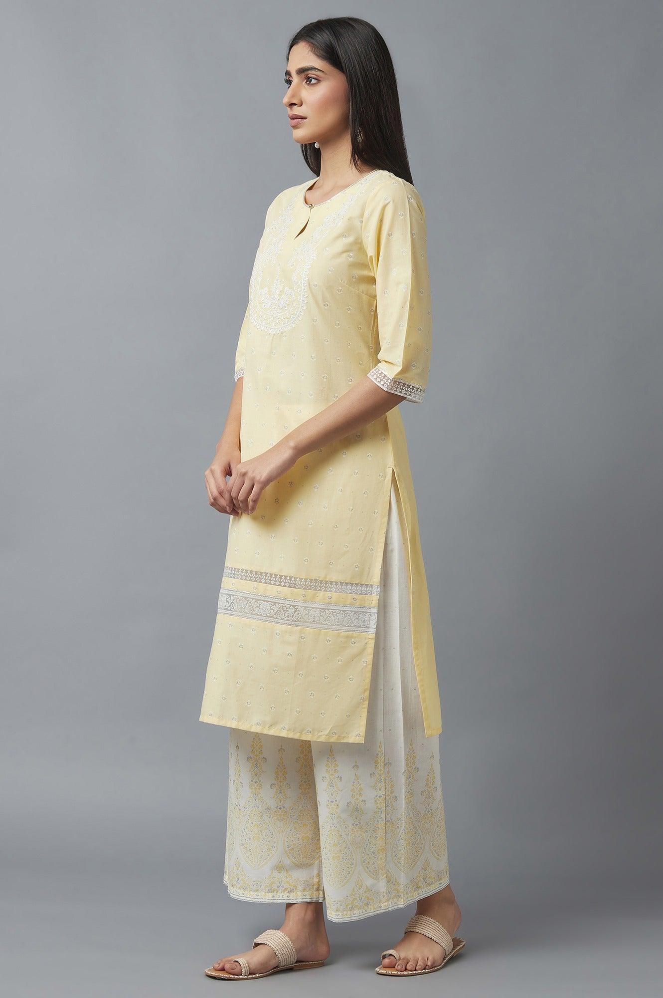 W for Woman Yellow Embroidered kurta with Brasso Panels