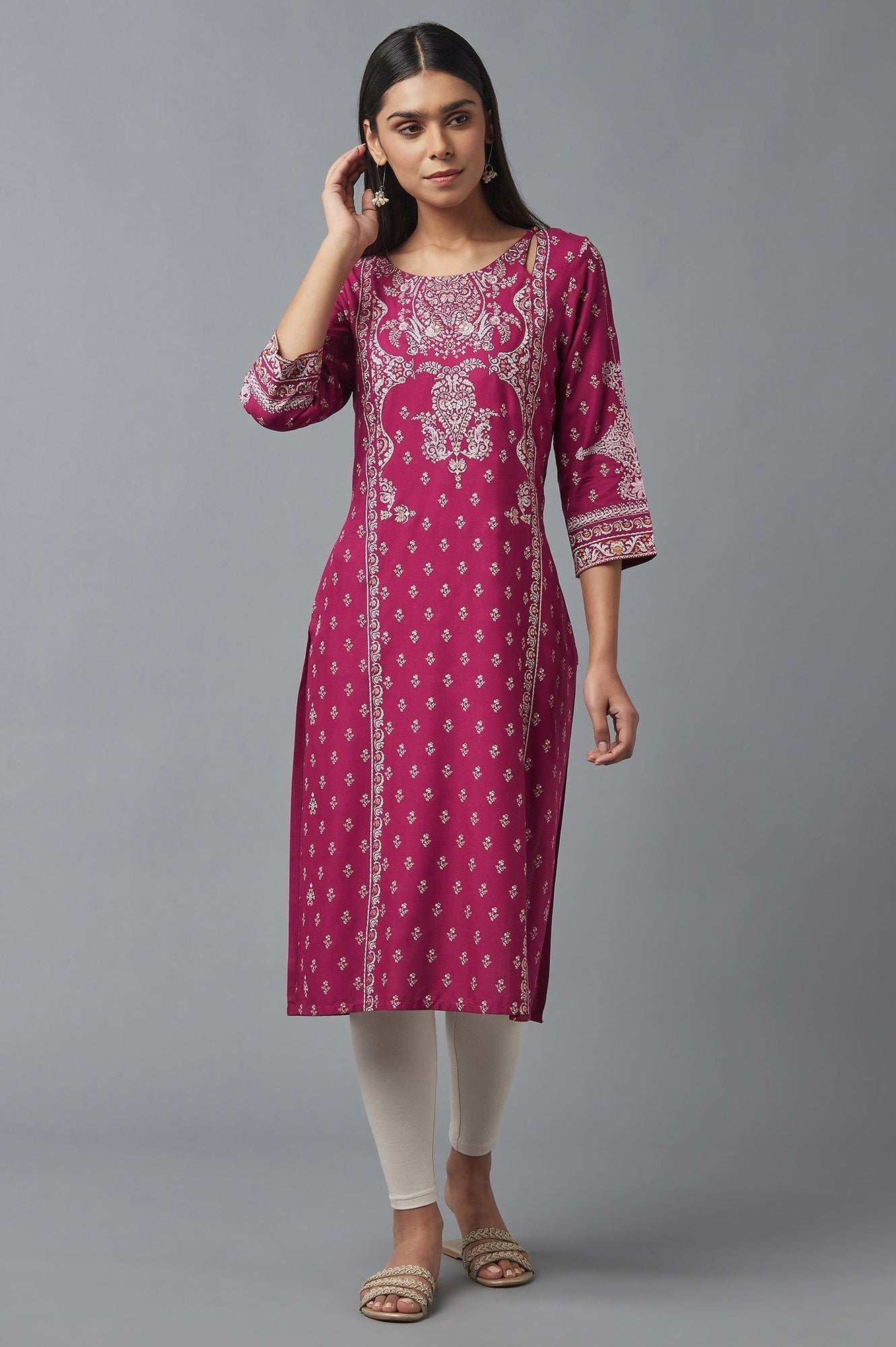 W for Woman Dark Pink Printed Rayon kurta