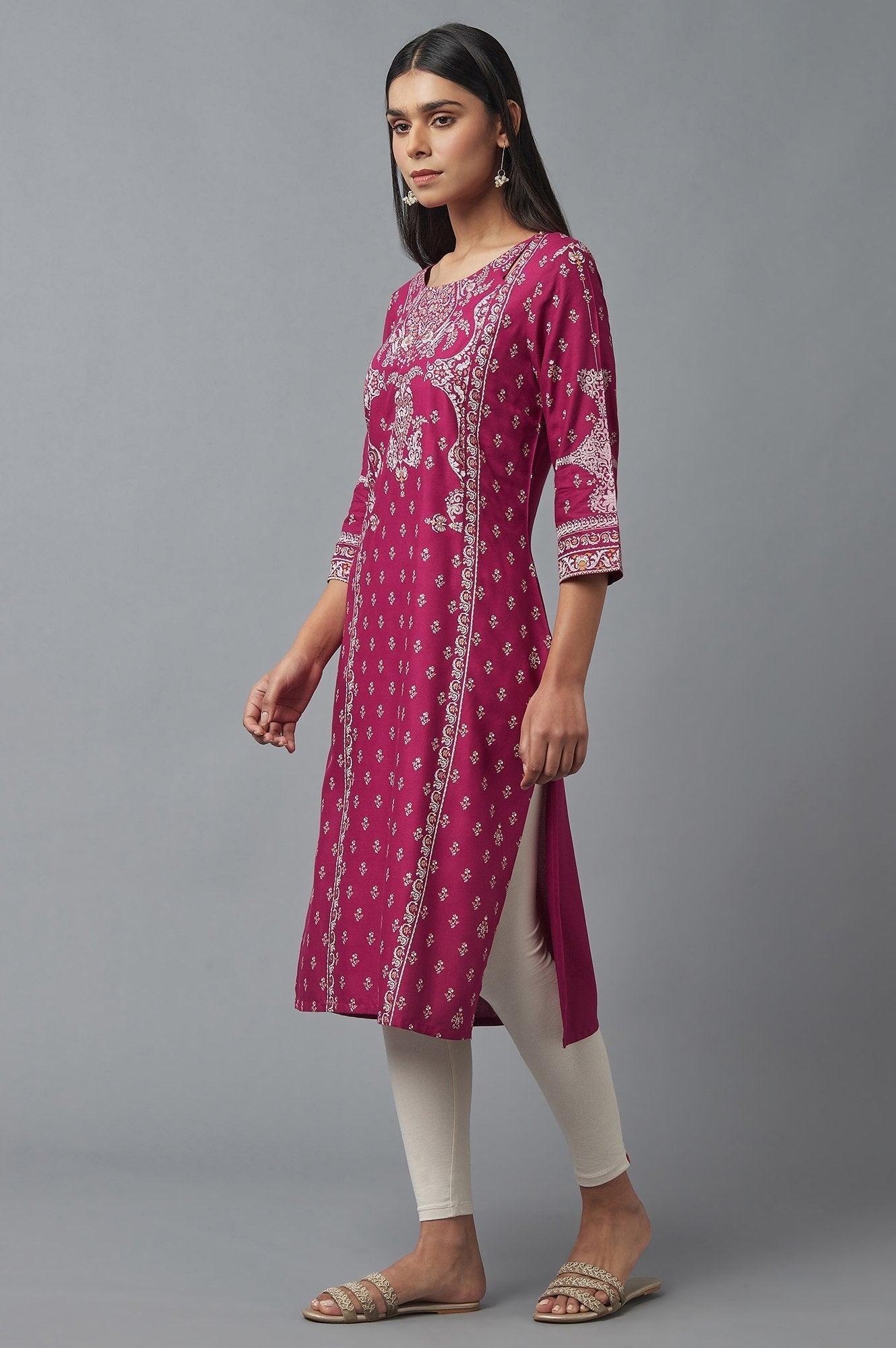 W for Woman Dark Pink Printed Rayon kurta