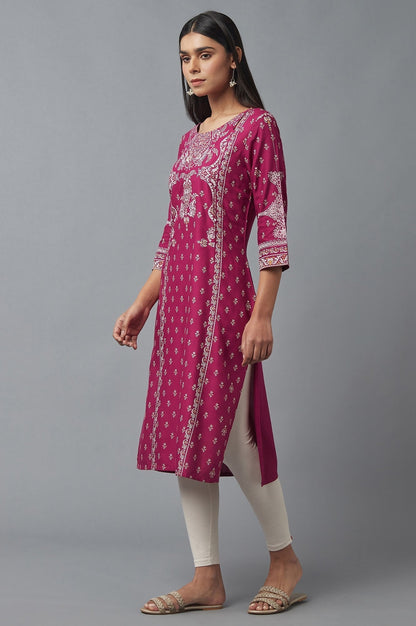 W for Woman Dark Pink Printed Rayon kurta