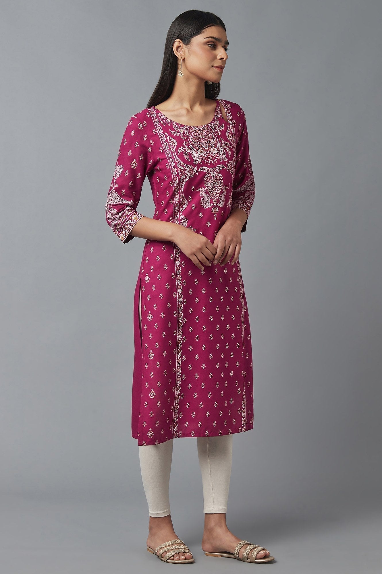W for Woman Dark Pink Printed Rayon kurta