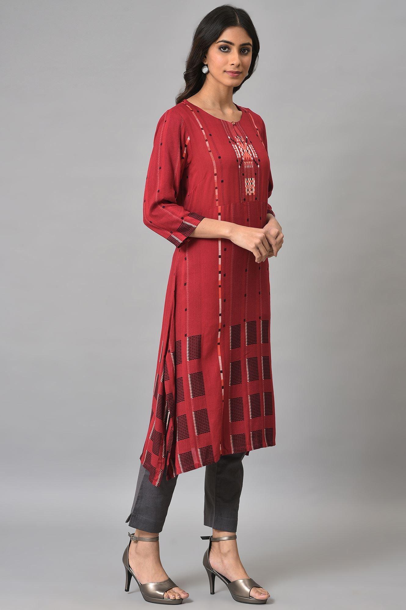 W for Woman Tango Red Rayon Dobby kurta
