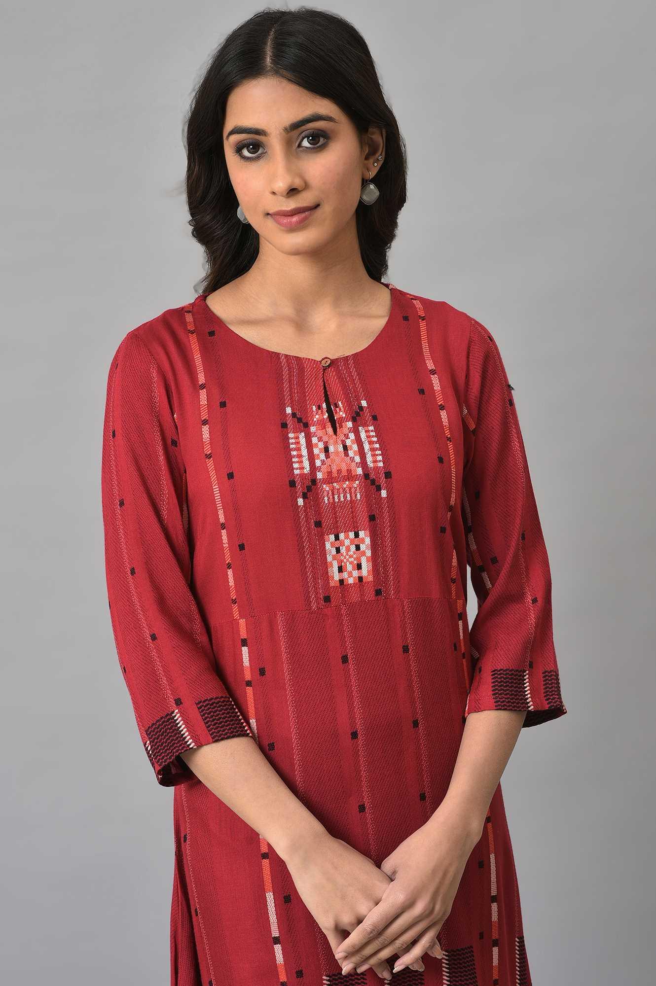 W for Woman Tango Red Rayon Dobby kurta