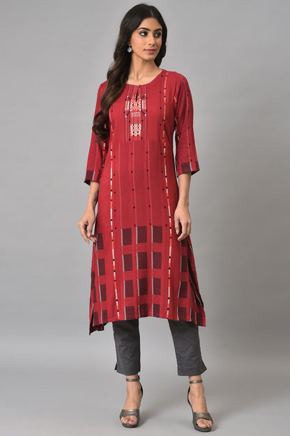 W for Woman Tango Red Rayon Dobby kurta