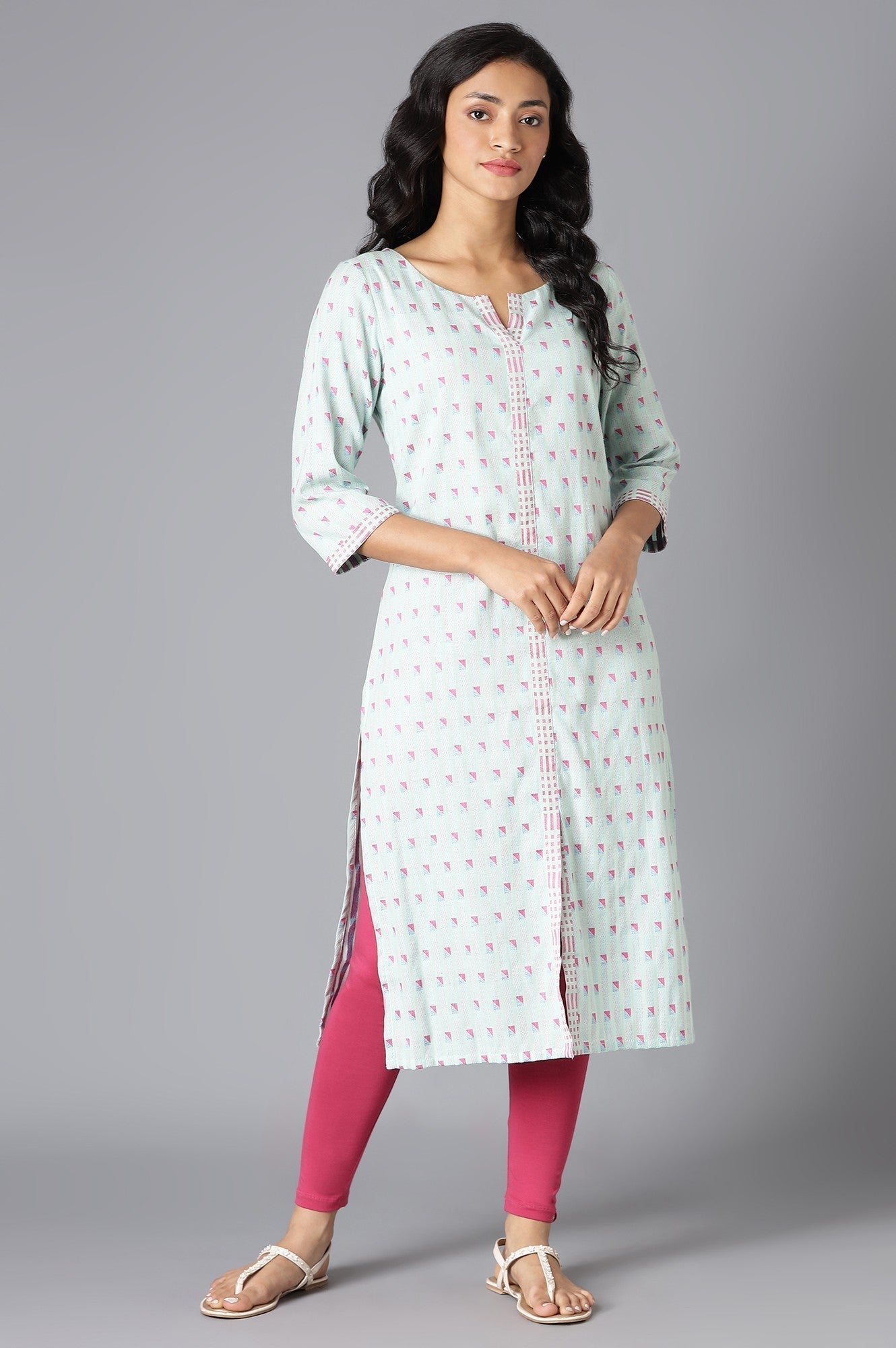 W for Woman Light Blue Cotton Dobby Straight kurta