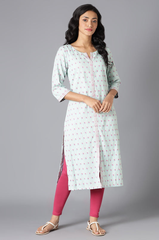 W for Woman Light Blue Cotton Dobby Straight kurta