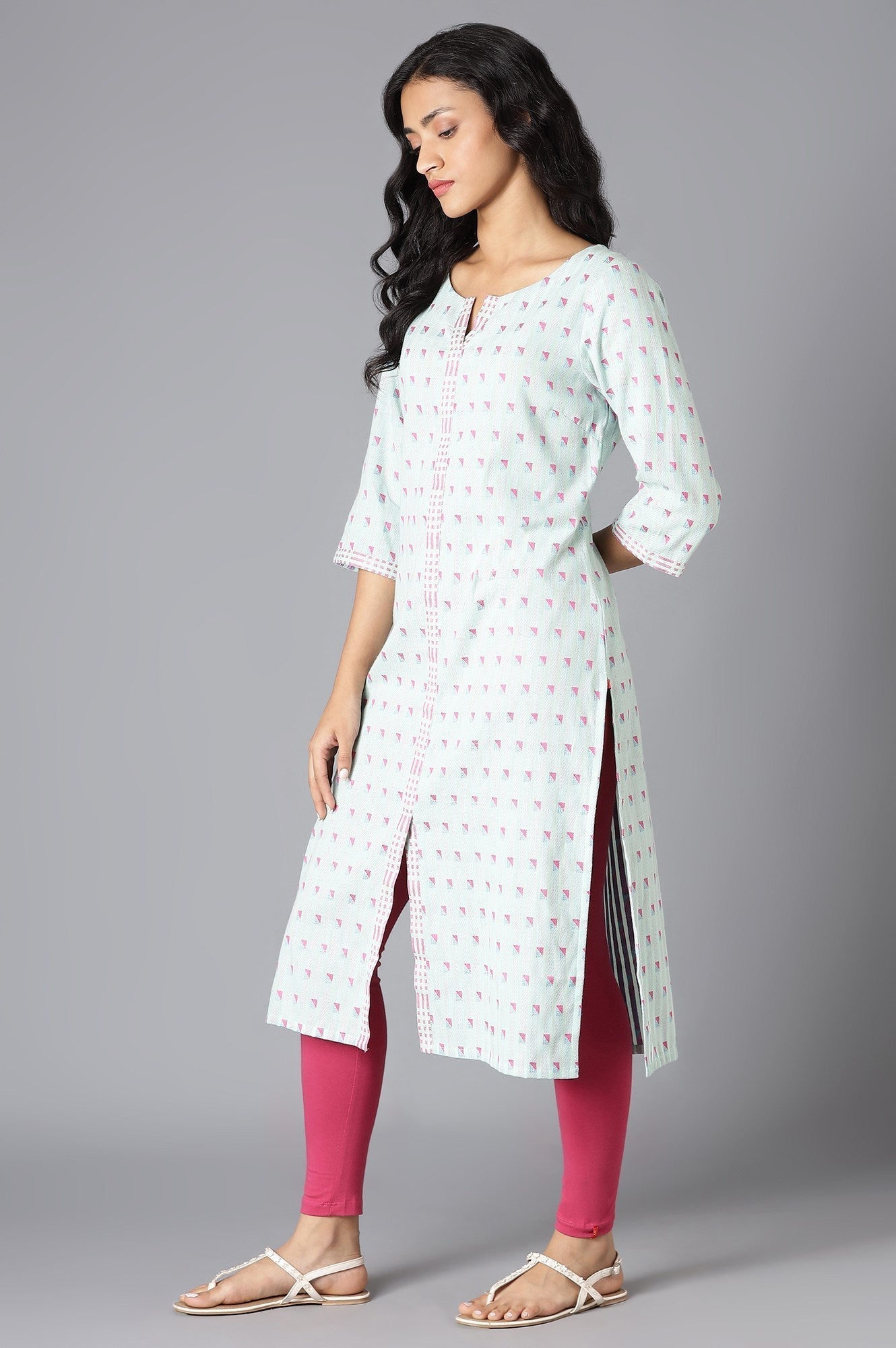 W for Woman Light Blue Cotton Dobby Straight kurta
