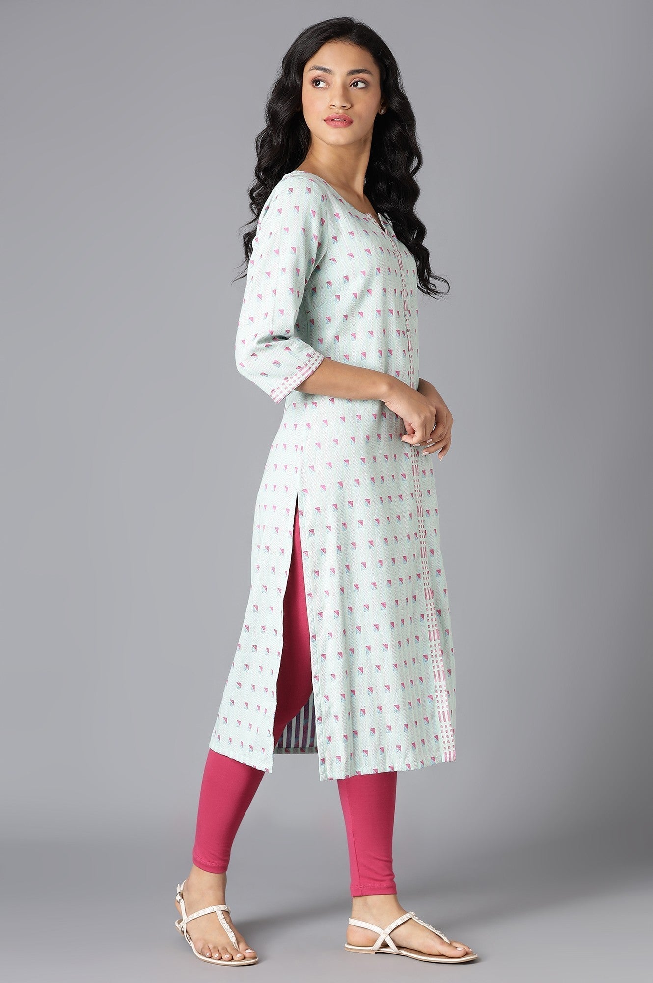 W for Woman Light Blue Cotton Dobby Straight kurta