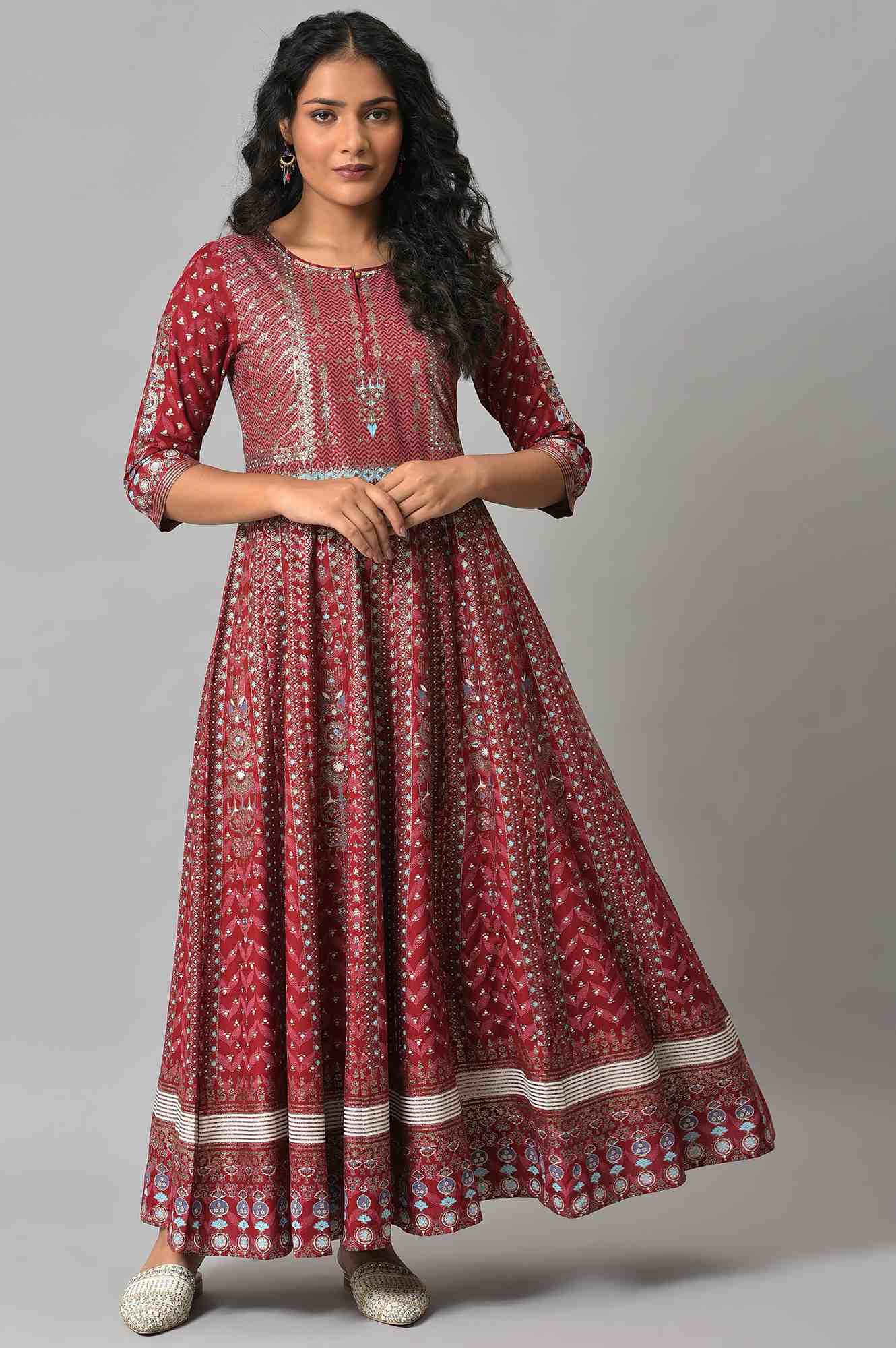W for Woman Red Floral Printed Kalidar Dress