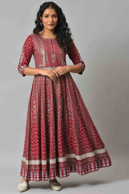 W for Woman Red Floral Printed Kalidar Dress