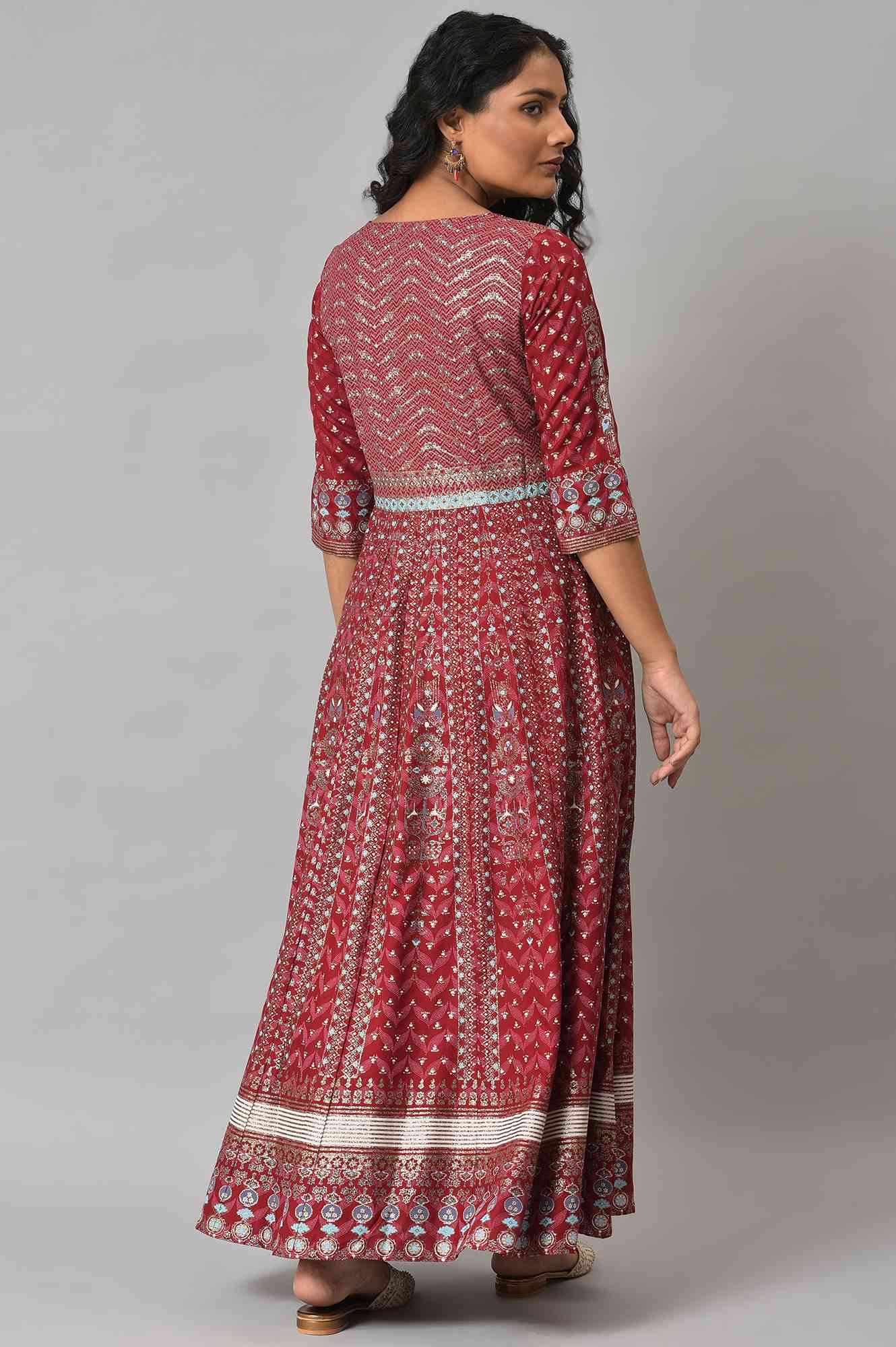 W for Woman Red Floral Printed Kalidar Dress