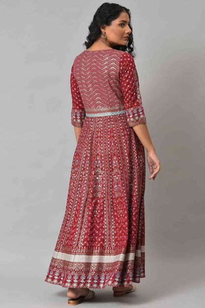 W for Woman Red Floral Printed Kalidar Dress