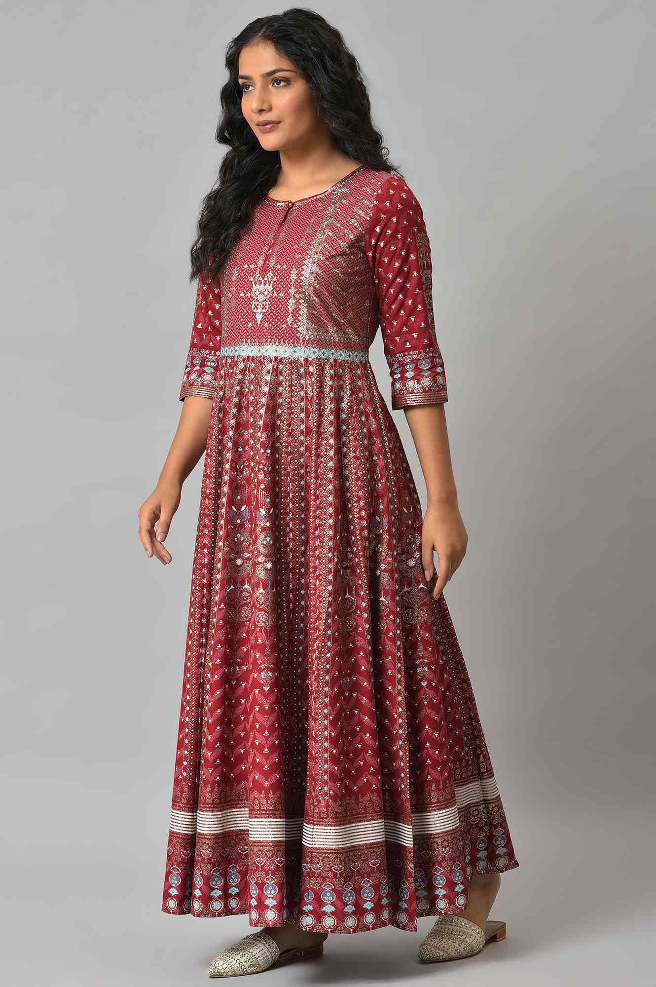 W for Woman Red Floral Printed Kalidar Dress