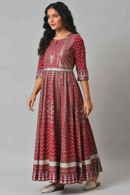 W for Woman Red Floral Printed Kalidar Dress