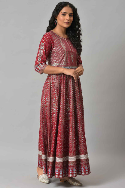 W for Woman Red Floral Printed Kalidar Dress