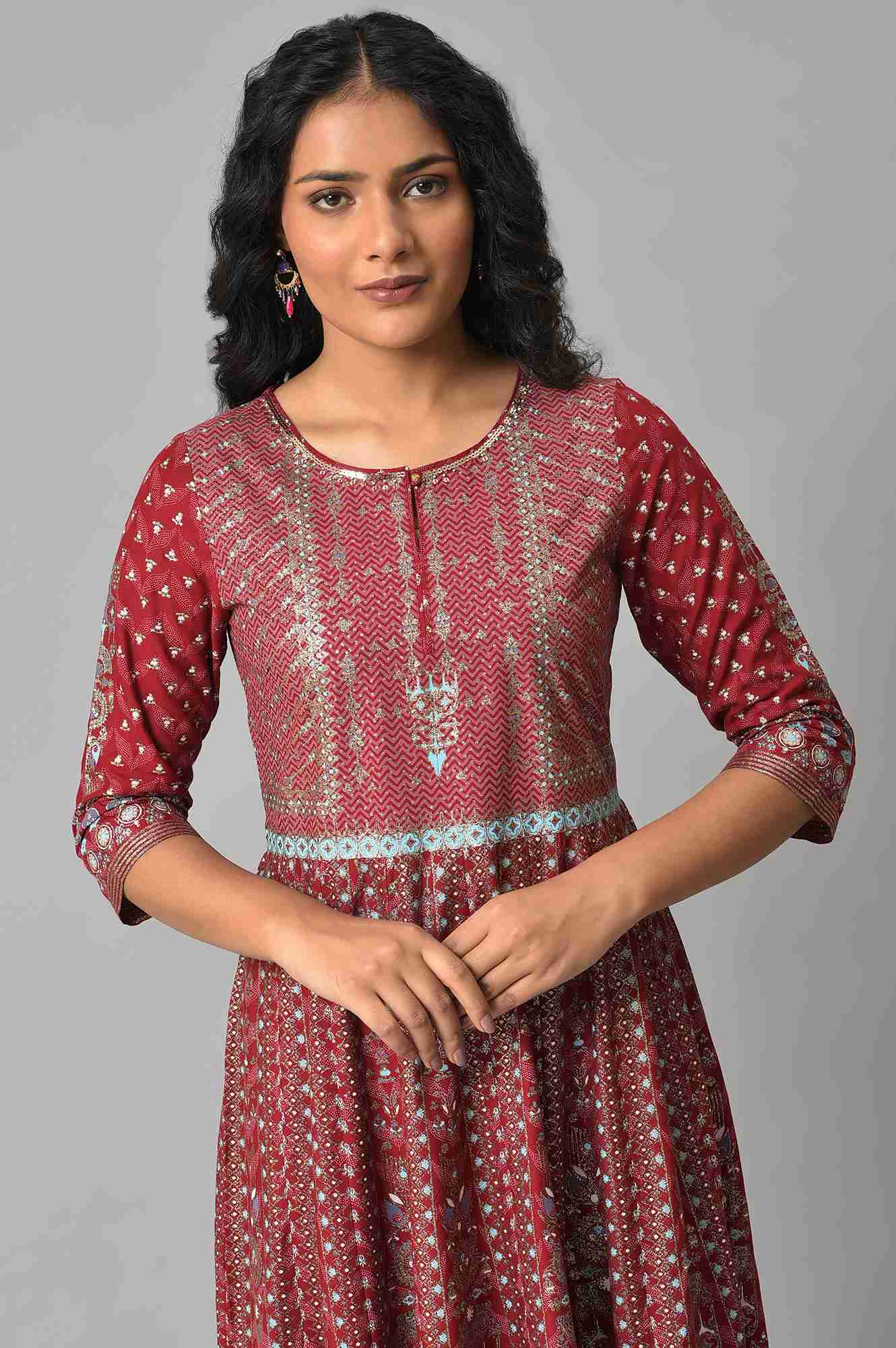 W for Woman Red Floral Printed Kalidar Dress