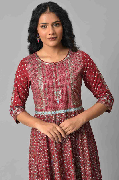 W for Woman Red Floral Printed Kalidar Dress