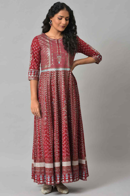 W for Woman Red Floral Printed Kalidar Dress