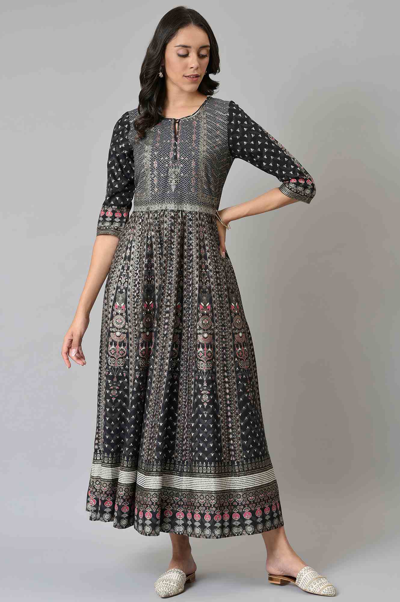 W for Woman Black Floral Printed Kalidar Dress