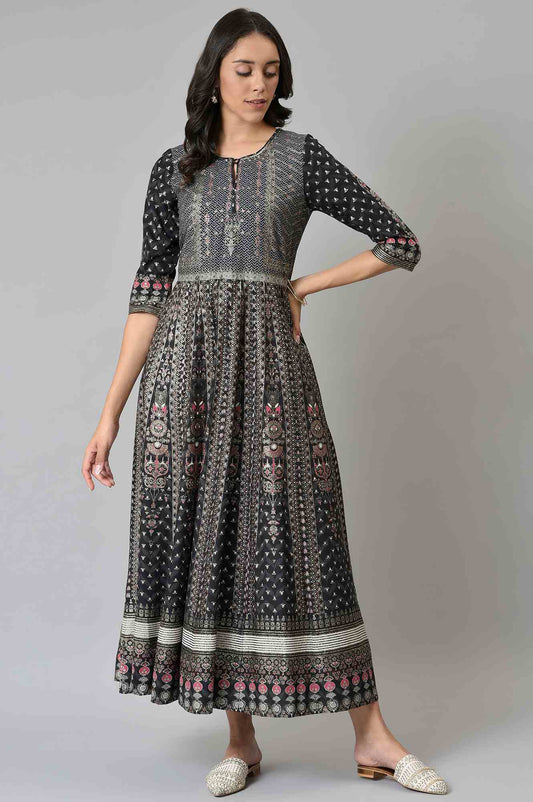 W for Woman Black Floral Printed Kalidar Dress