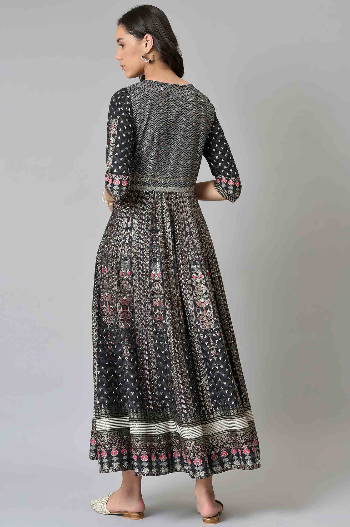 W for Woman Black Floral Printed Kalidar Dress