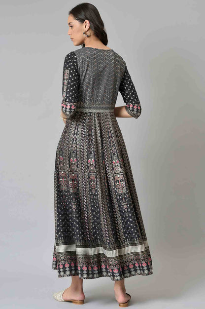 W for Woman Black Floral Printed Kalidar Dress