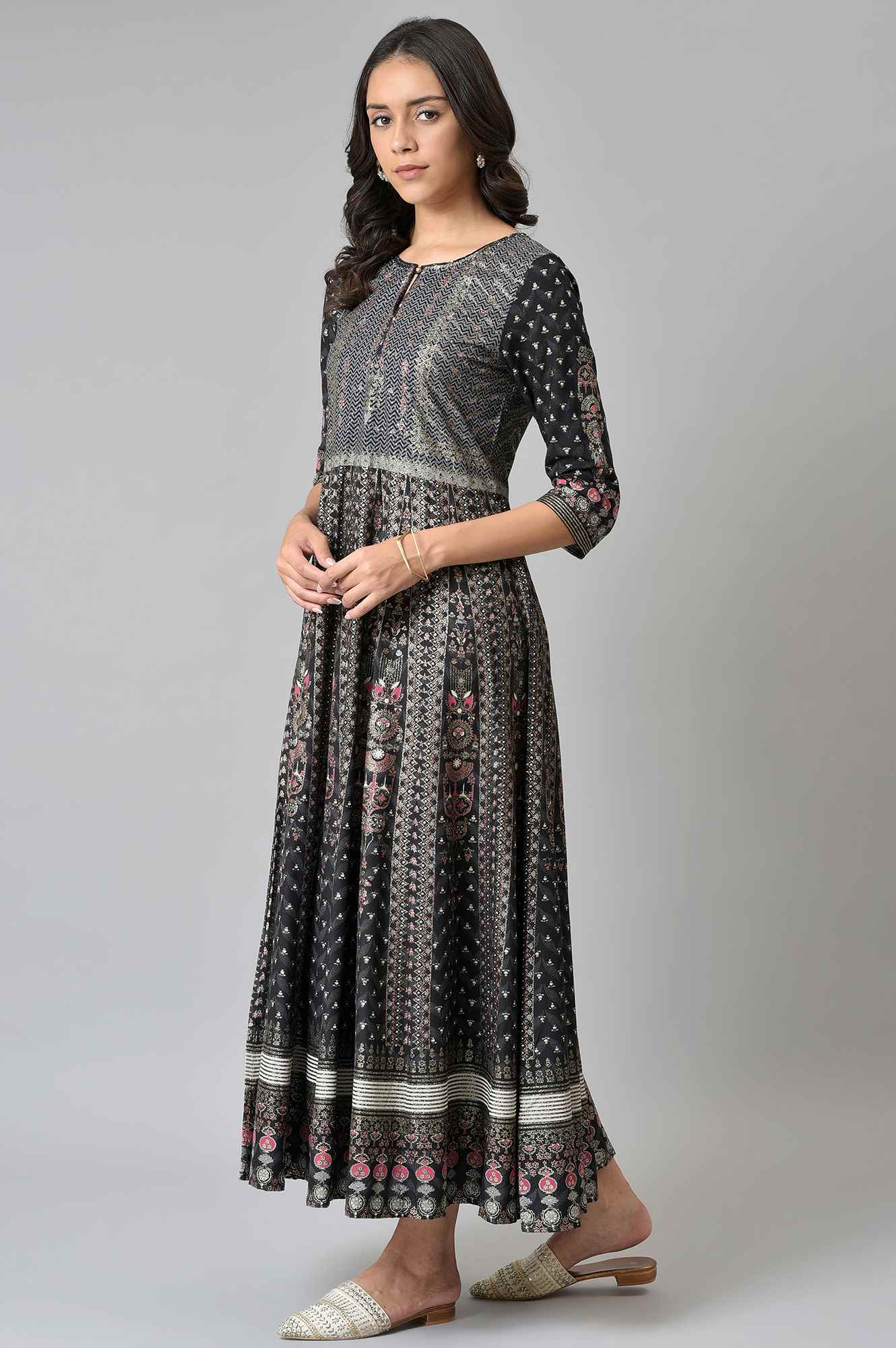 W for Woman Black Floral Printed Kalidar Dress
