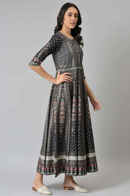 W for Woman Black Floral Printed Kalidar Dress