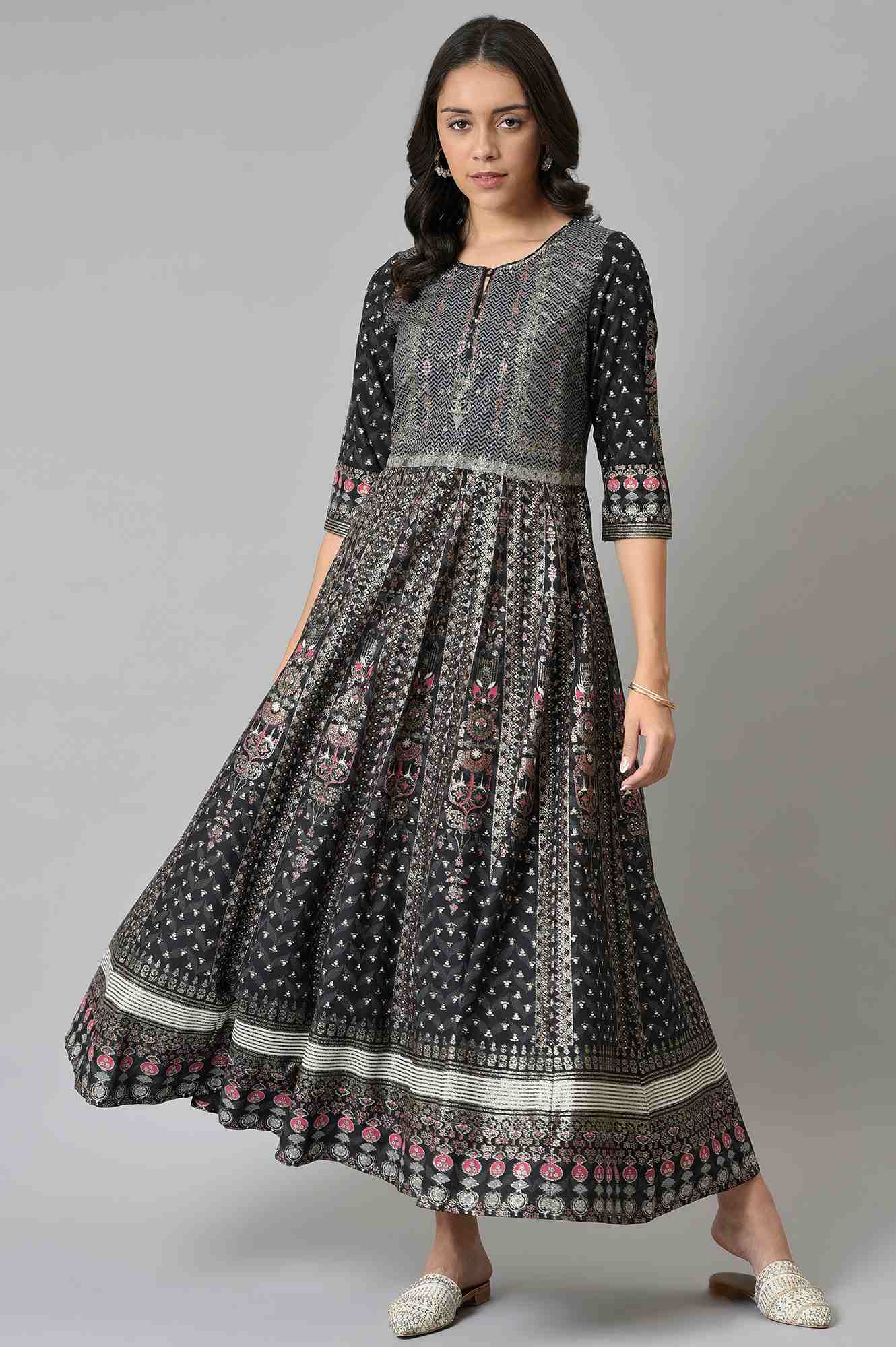 W for Woman Black Floral Printed Kalidar Dress
