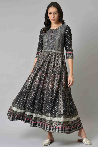 W for Woman Black Floral Printed Kalidar Dress