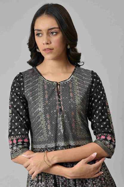 W for Woman Black Floral Printed Kalidar Dress
