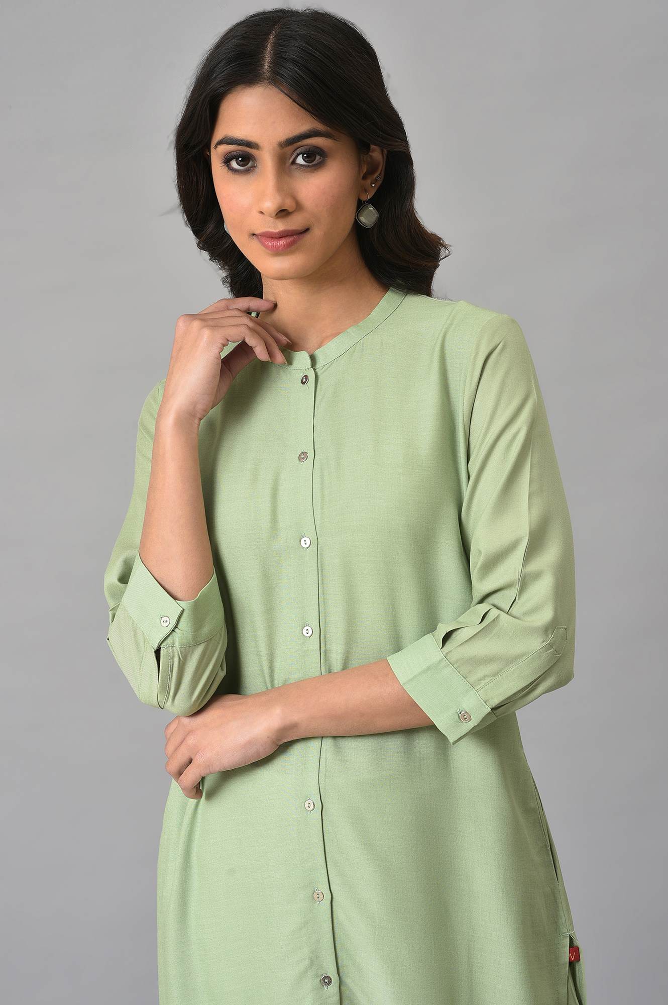W for Woman Light Green Floral Printed Lace Rayon Straight Kurta and Straight Pant Set