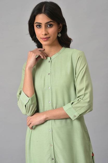 W for Woman Light Green Floral Printed Lace Rayon Straight Kurta and Straight Pant Set
