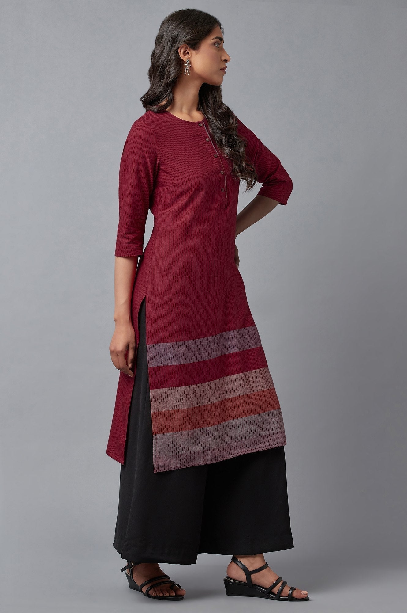 W for Woman Red Cotton Dobby Placket kurta