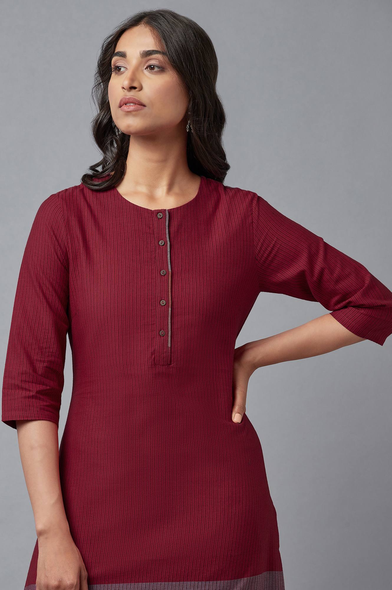 W for Woman Red Cotton Dobby Placket kurta