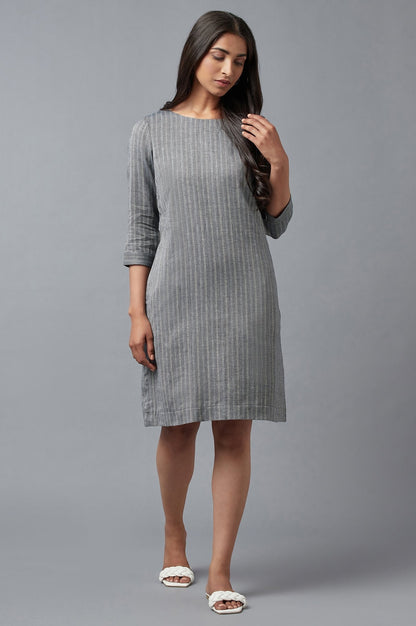 W for Woman Dark Grey Cootton Textured Stripes Dress In Round Neck