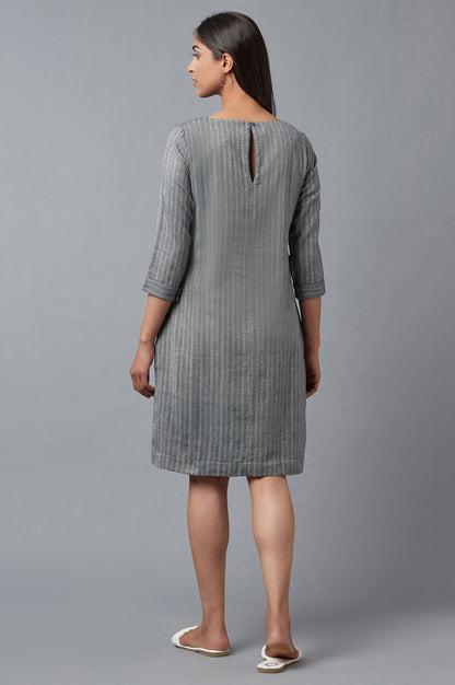 W for Woman Dark Grey Cootton Textured Stripes Dress In Round Neck