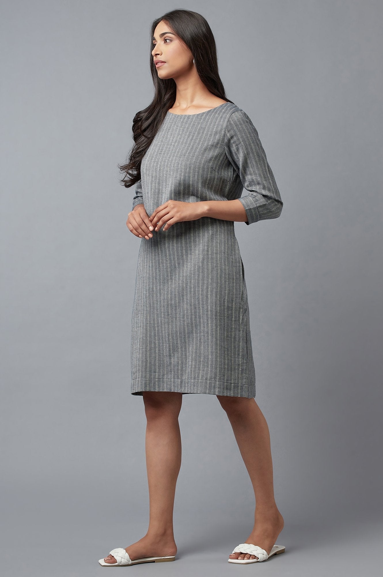 W for Woman Dark Grey Cootton Textured Stripes Dress In Round Neck