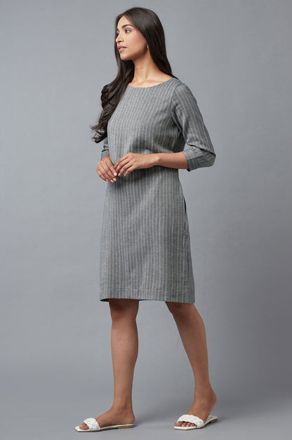 W for Woman Dark Grey Cootton Textured Stripes Dress In Round Neck