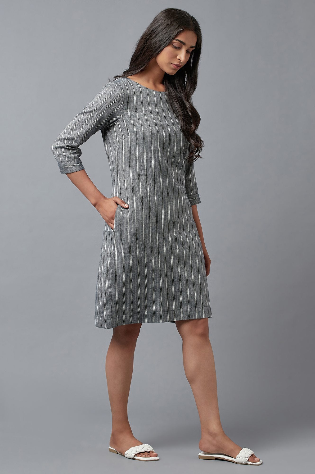 W for Woman Dark Grey Cootton Textured Stripes Dress In Round Neck