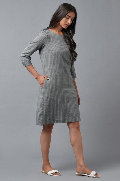 W for Woman Dark Grey Cootton Textured Stripes Dress In Round Neck
