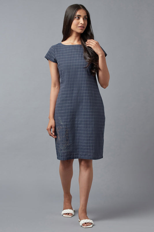 W for Woman Blue Checks Cotton Dress In Round Neck With Thread Embroidery