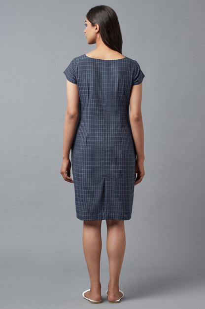 W for Woman Blue Checks Cotton Dress In Round Neck With Thread Embroidery