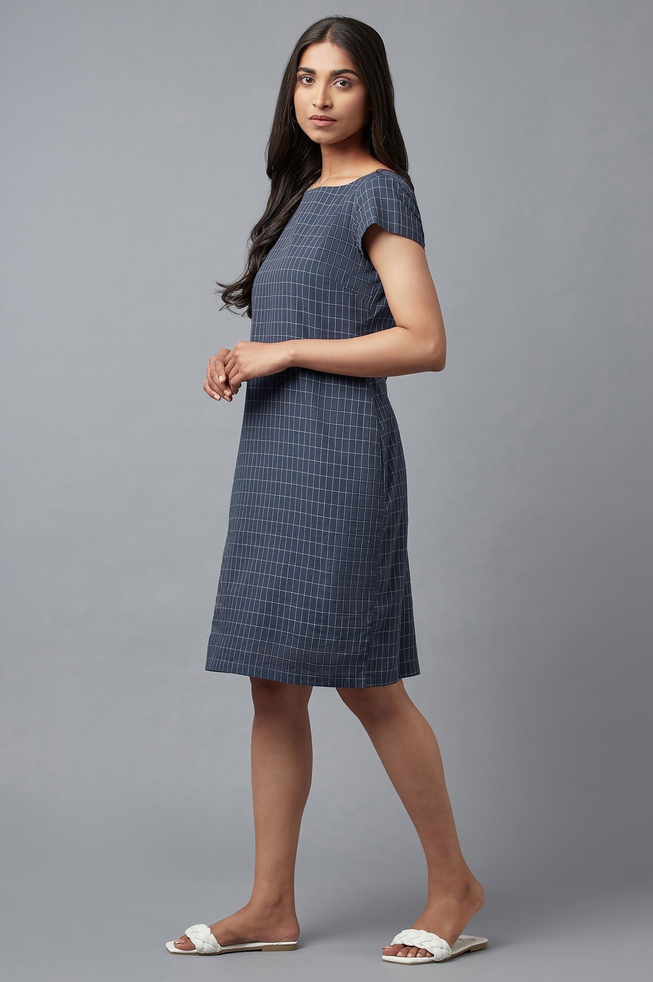 W for Woman Blue Checks Cotton Dress In Round Neck With Thread Embroidery