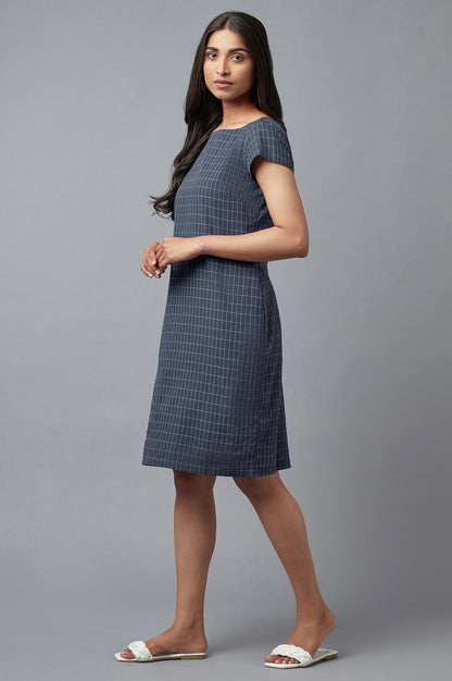 W for Woman Blue Checks Cotton Dress In Round Neck With Thread Embroidery