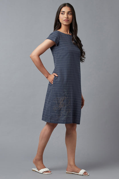 W for Woman Blue Checks Cotton Dress In Round Neck With Thread Embroidery